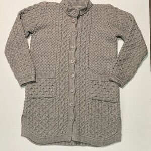 Aran Crafts Ireland 100% Merino Wool chunky Cable Knit Long Cardigan sz M *AS IS